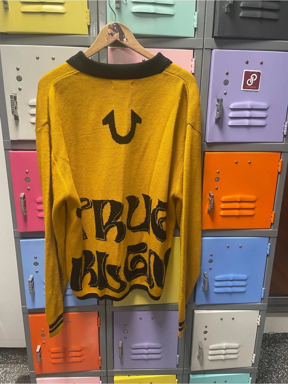True Religion Men's Mustard Yellow and Black V-Neck Graphic Sweater